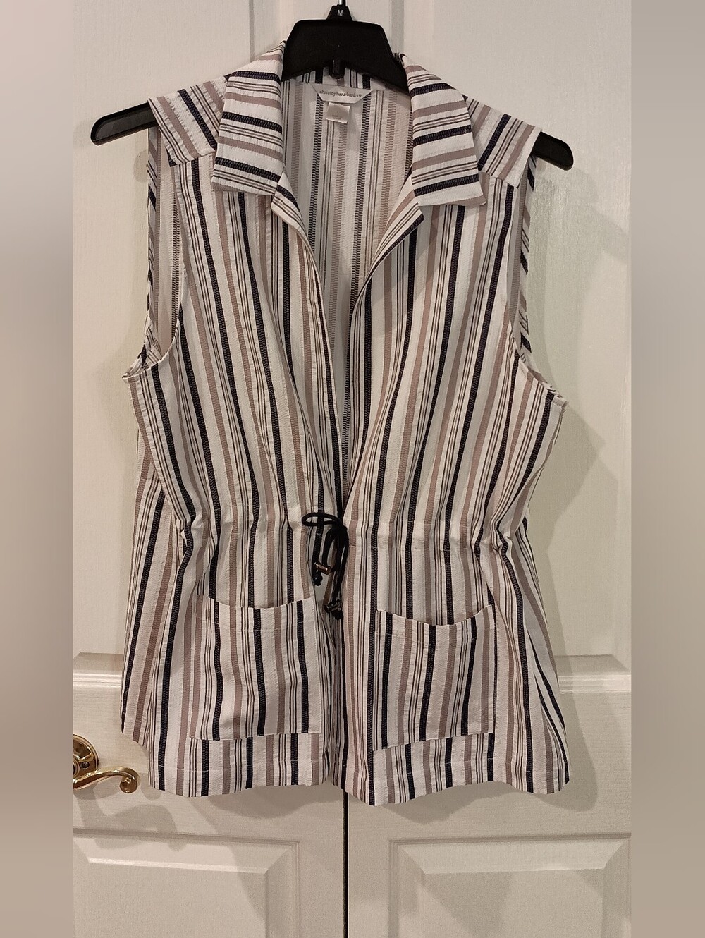 Christopher & Banks Sleeveless Striped Drawstring Vest in White, Black & Tan